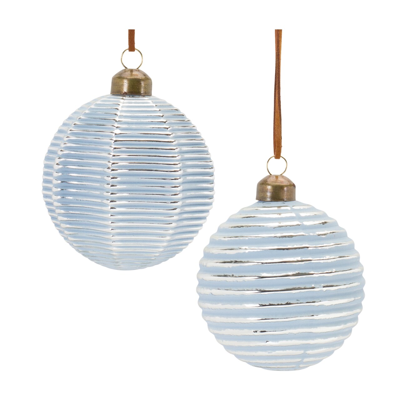 Melrose Ribbed Glass Christmas Ball Ornaments - 3" (80mm) - Blue and Silver - 12ct
